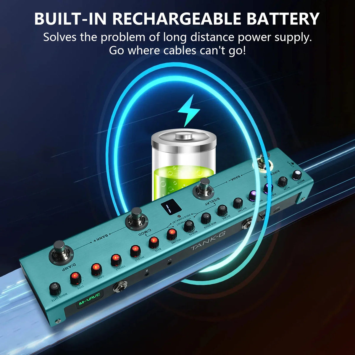 A teal guitar multi-effects pedal labeled Tank-G with a built-in rechargeable battery shown next to the device.