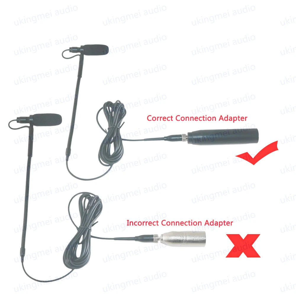 A comparison showing a correct and incorrect connection adapter for a clip-on condenser microphone with a gooseneck.