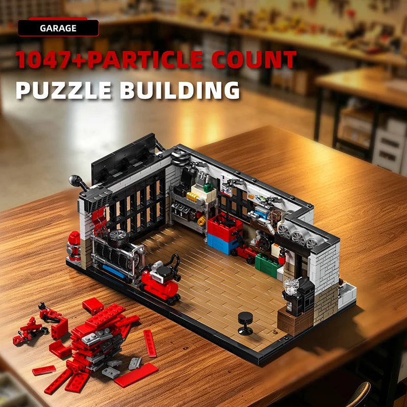 A detailed puzzle building set of a garage structure made from black, red, and gray blocks on a wooden table.