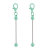A pair of metal keychain bars with lobster clasps used for DIY jewelry making, colored light green.