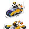 A yellow and white transformable stunt car is shown from above, displaying its size with measurements.