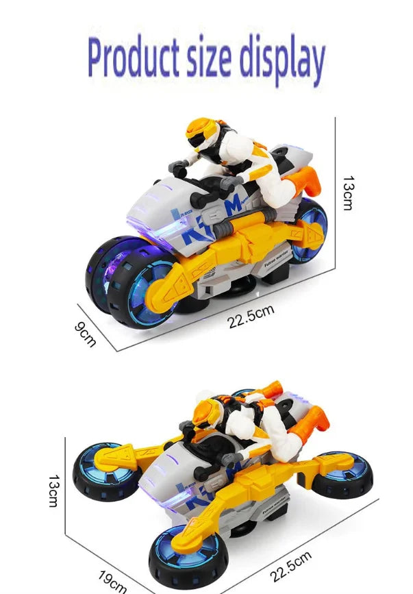 A yellow and white transformable stunt car is shown from above, displaying its size with measurements.