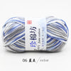 A ball of light blue and gray yarn labeled as Jane cotton yarn for knitting and crochet