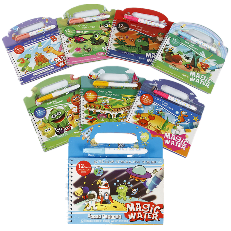 A collection of reusable Magic Water Painting Books featuring various scenes and animals for toddlers.
