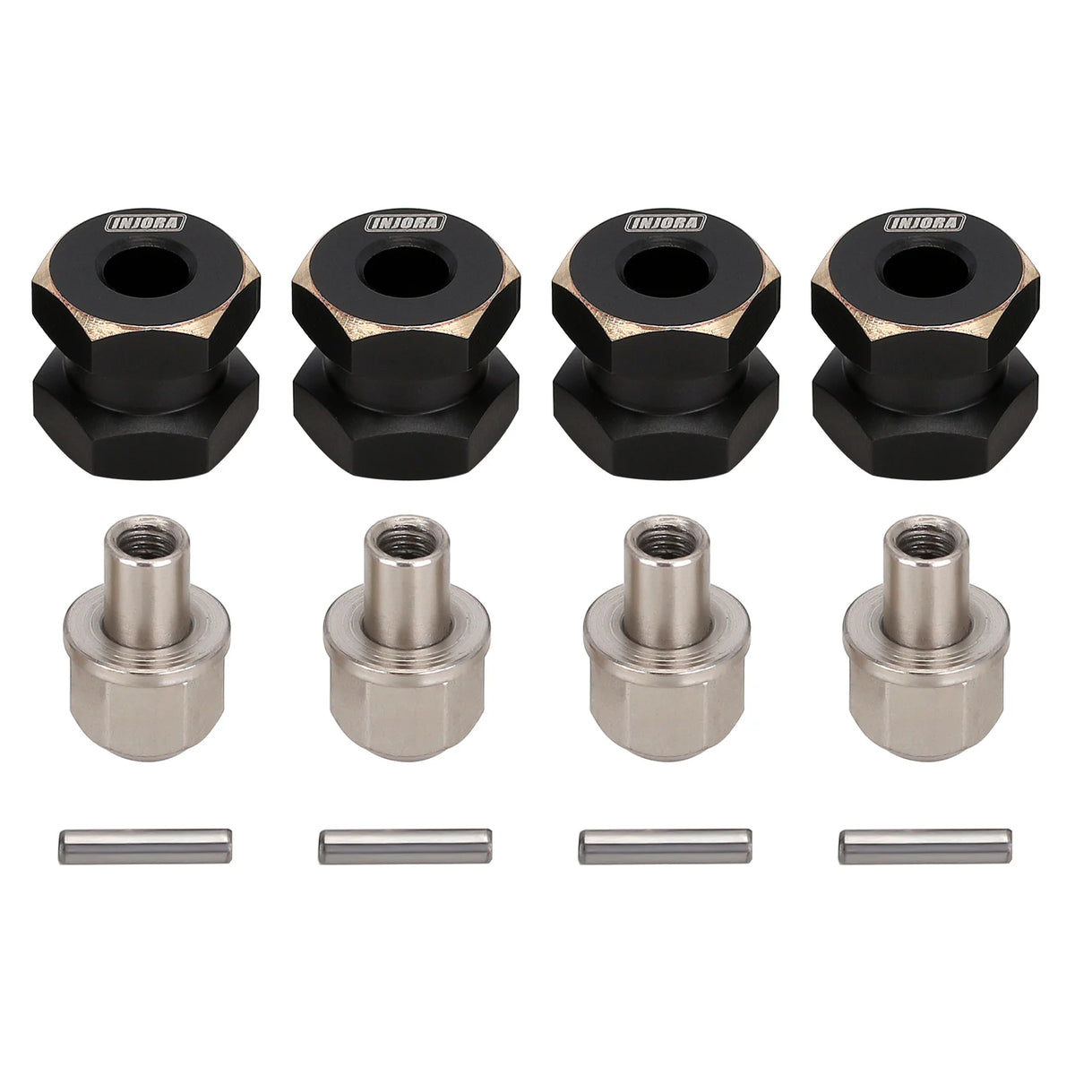 Set of black and silver brass wheel hex extenders for 1/10 RC crawlers