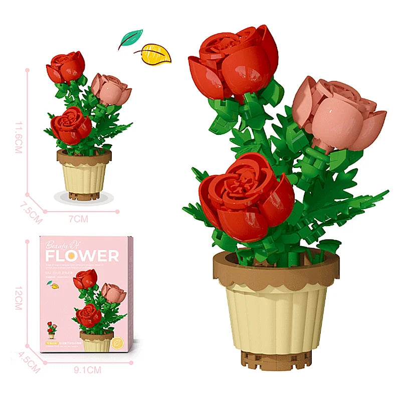 Building Block Flower Pot Set – Roses, Sunflowers & Carnations