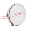 A round wooden tambourine with metal jingles, showing its diameter is 20cm or 8 inches.