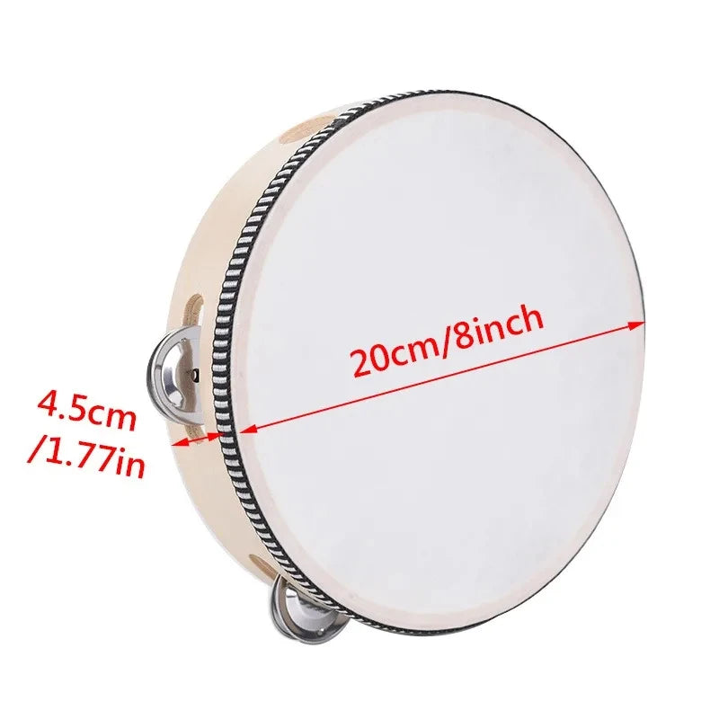 A round wooden tambourine with metal jingles, showing its diameter is 20cm or 8 inches.