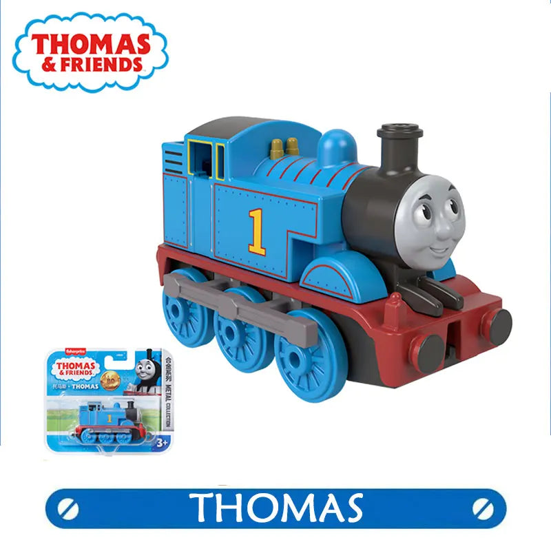A blue Thomas & Friends diecast train toy with a smokestack and wheels.