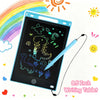 A black 8.5-inch LCD writing tablet is shown with a blue stylus pen and colorful drawing icons on the screen.