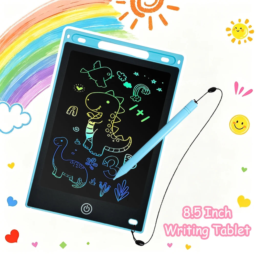 A black 8.5-inch LCD writing tablet is shown with a blue stylus pen and colorful drawing icons on the screen.