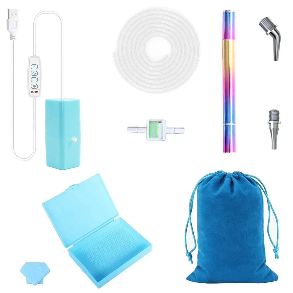 A kit for electric diamond painting featuring a pen, suction tool, and storage pouch.