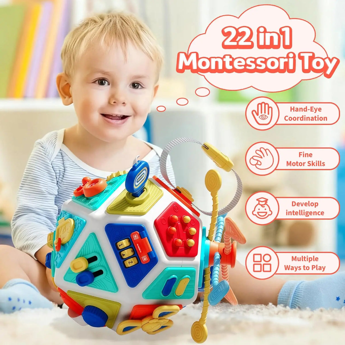 A smiling toddler holds a colorful 22-in-1 Montessori toy cube designed for sensory and fine motor skill development.