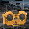 A yellow remote control spray crane truck shows various functions like rotating, spraying, and hook operations.