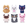 A collection of five plush toys resembling cats with wrinkled or grumpy facial expressions in various colors and styles.