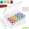A clear plastic storage kit containing 30 round bottles of various colored liquid samples and label stickers.