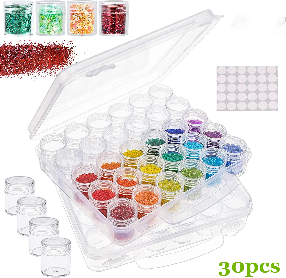 A clear plastic storage kit containing 30 round bottles of various colored liquid samples and label stickers.