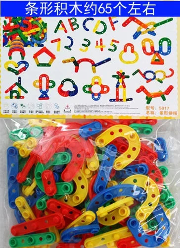 A large set of colorful wooden building blocks shaped like snowflakes, including various geometric and decorative pieces.