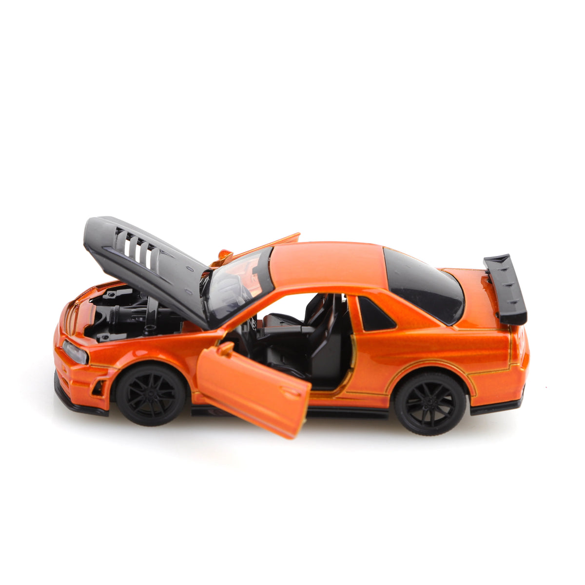 Orange die-cast sports car with a pull-back action featuring an open hood.