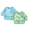 Light blue and green full-sleeve waterproof baby bib with cute cartoon designs of penguins, clouds, and watermelon slices