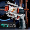 A white and orange foam bullet toy pistol with a dark green grip is shown against a blurred background.