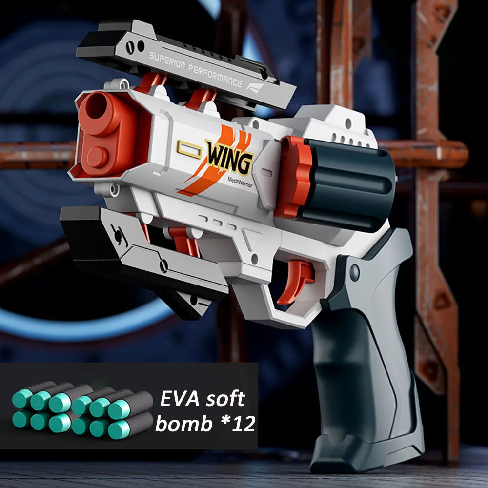 A white and orange foam bullet toy pistol with a dark green grip is shown against a blurred background.