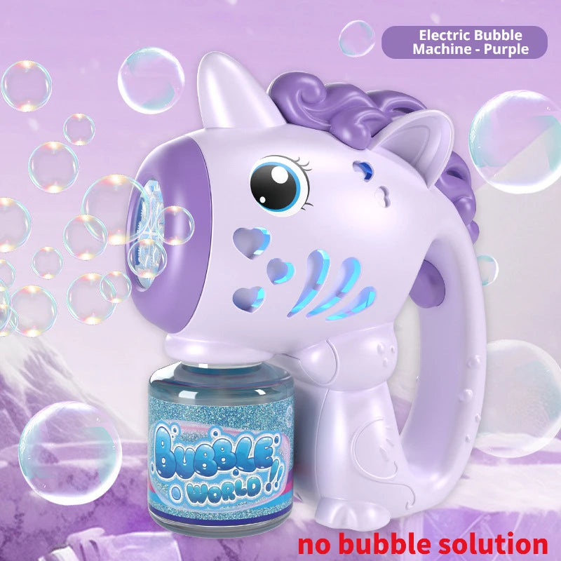A purple unicorn-shaped electric bubble machine with a purple horn and light blue accents.