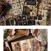 A collection of vintage PET sticker sheets, paper scraps, and natural elements arranged for journaling and scrapbooking.