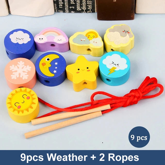 Wooden Animal & Fruit Threading Beads Set for Toddlers