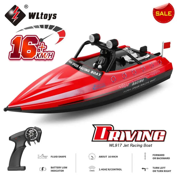Red high-speed RC racing boat with a black motor and accessories shown in a studio setting.