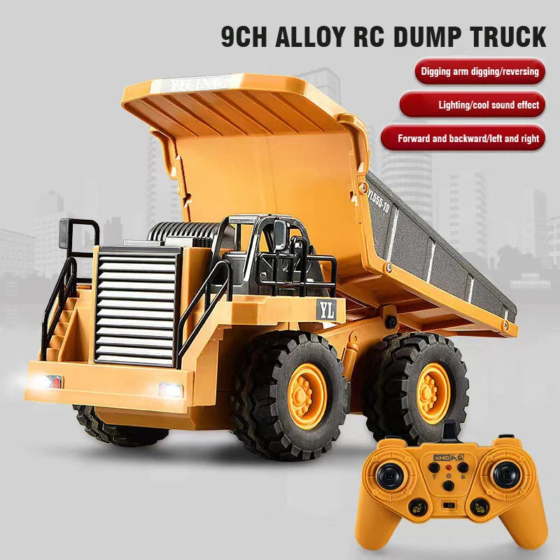 An orange 9CH alloy RC dump truck with a cab and dump bed is shown next to its remote control.
