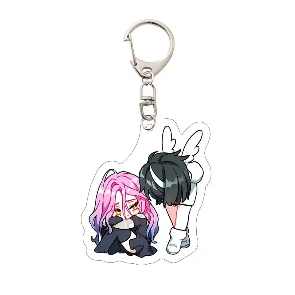 Acrylic keychain featuring an anime character with pink hair and black hair.
