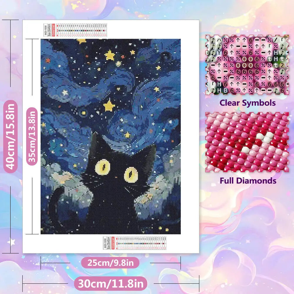 Diamond painting kit featuring a black cat silhouette against a starry night sky background
