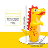 A yellow inflatable dinosaur toy with a spiky back is shown next to its dimensions.