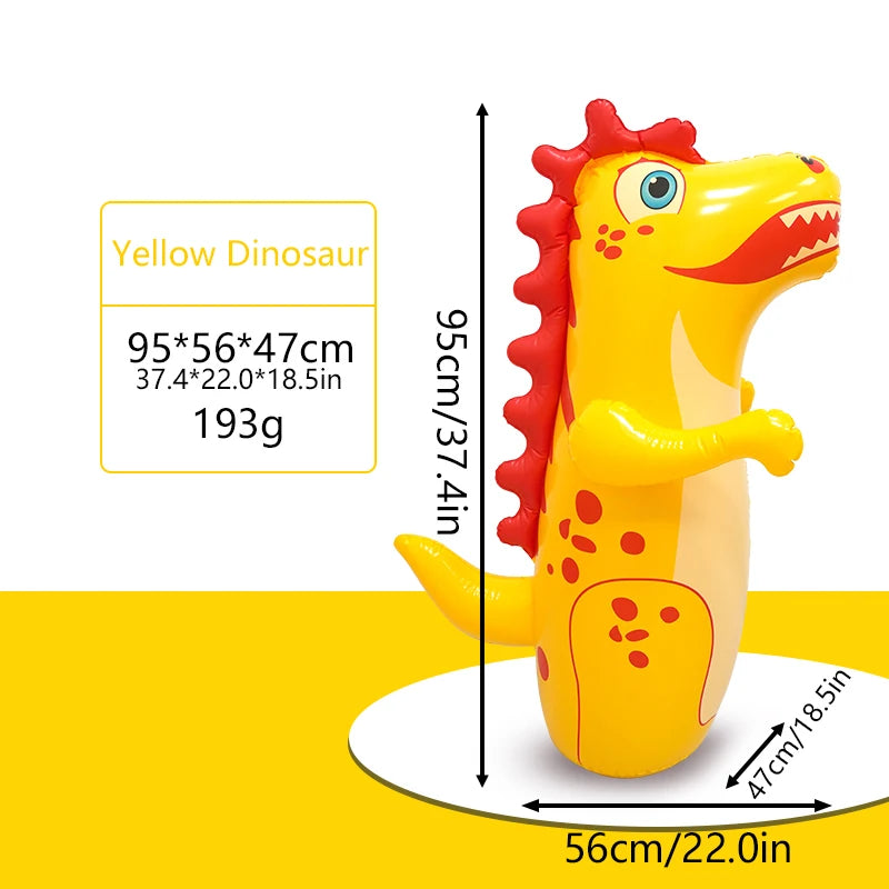 A yellow inflatable dinosaur toy with a spiky back is shown next to its dimensions.