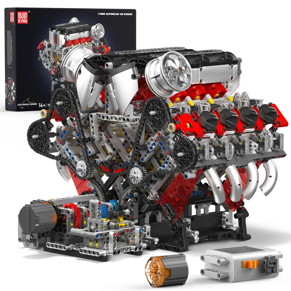 A detailed model of a motorized V8 supercar engine building kit with various mechanical components and tools.