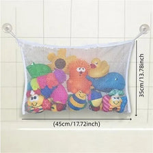 A mesh storage bag featuring adorable duck and frog toys with suction cups for bathroom use.