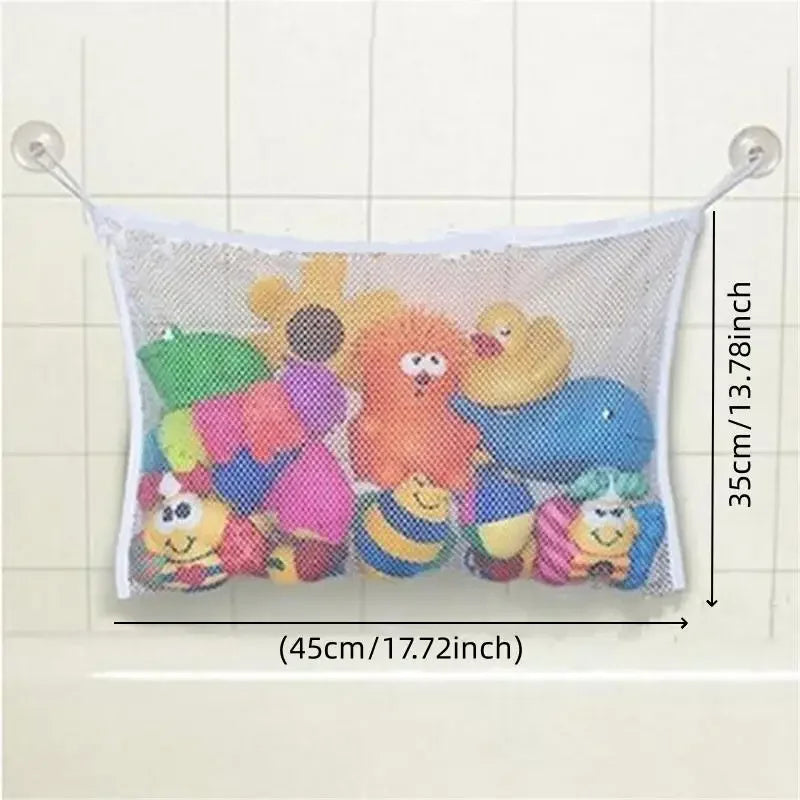 A mesh storage bag featuring adorable duck and frog toys with suction cups for bathroom use.