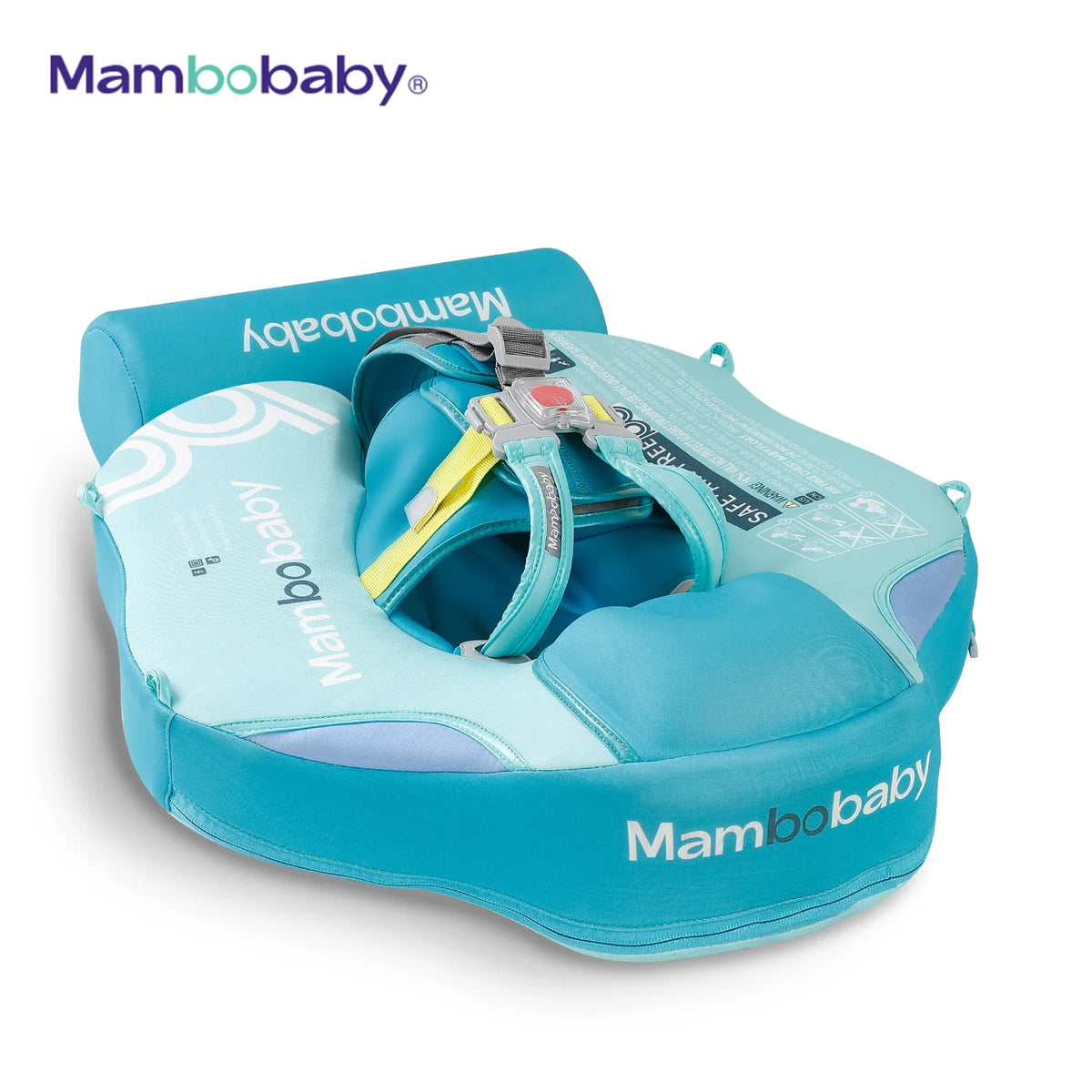 A light blue baby swim float with canopy and tail support, featuring a padded seat and safety straps.