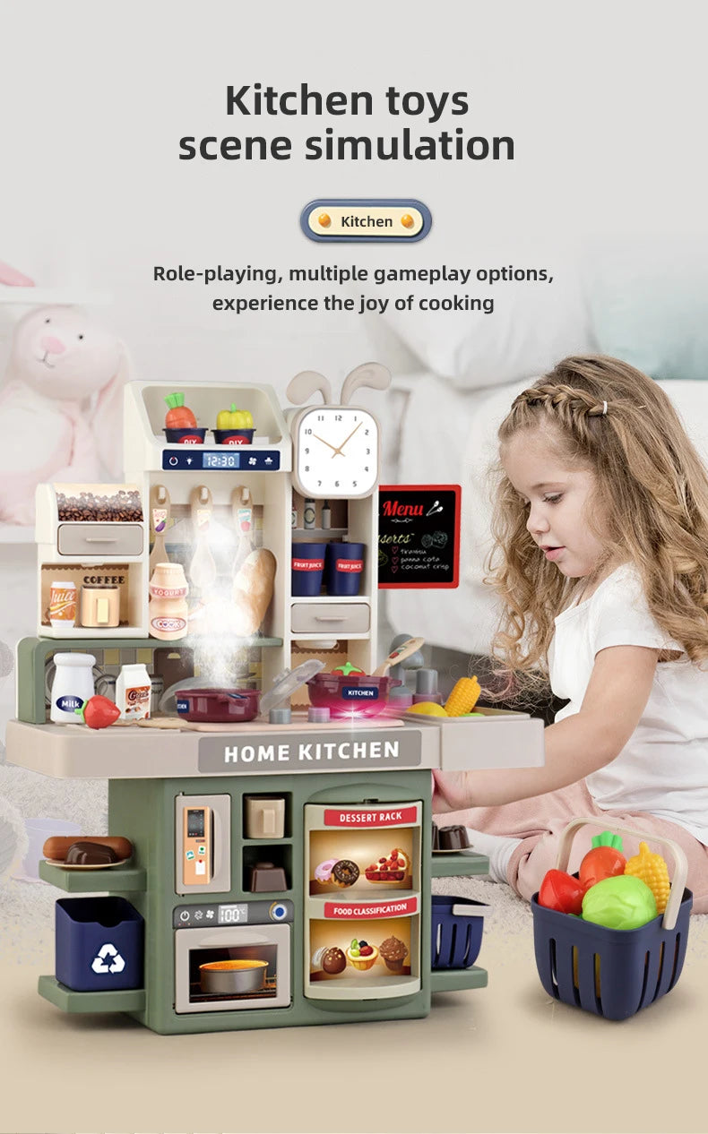 A child plays with a detailed home kitchen pretend play set featuring cooking tools and food items.