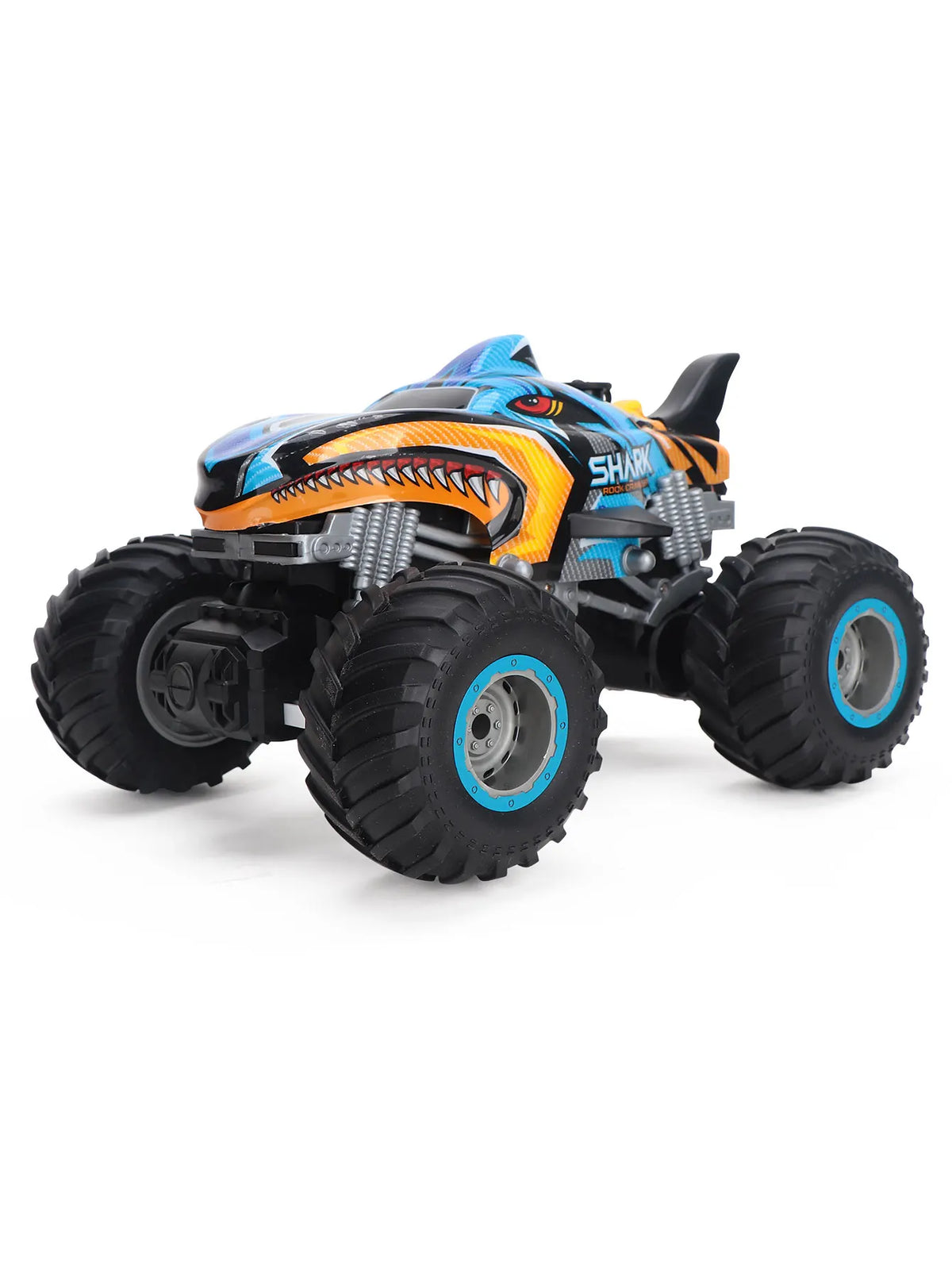 Blue and black All-Terrain RC Monster Truck with spray action features large tires and aggressive detailing.