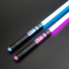 A lightsaber toy with a metal handle and rechargeable battery, featuring blue and purple RGB lights.