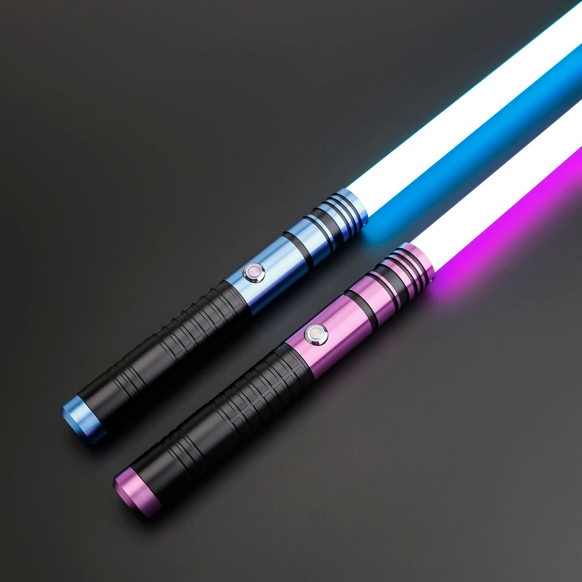 A lightsaber toy with a metal handle and rechargeable battery, featuring blue and purple RGB lights.