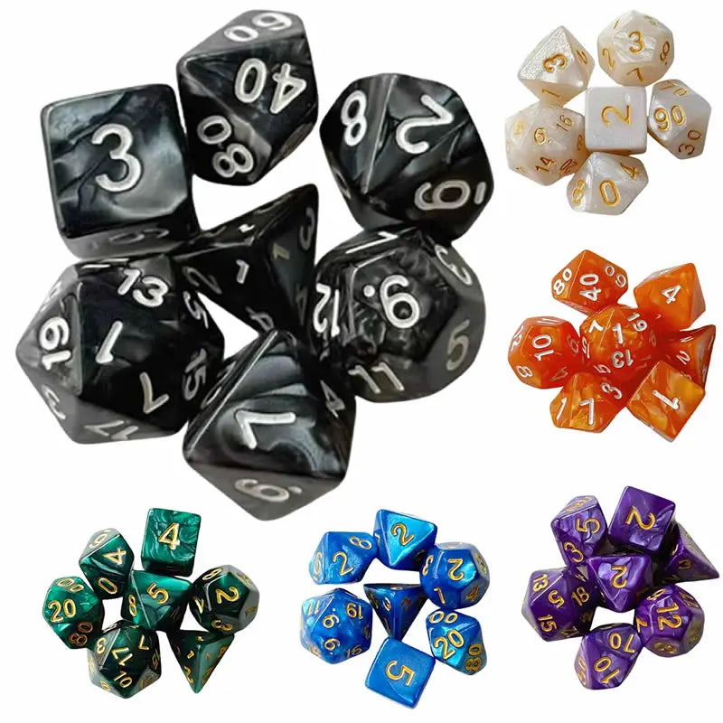 A set of seven polyhedral dice in various colors and sizes for tabletop gaming