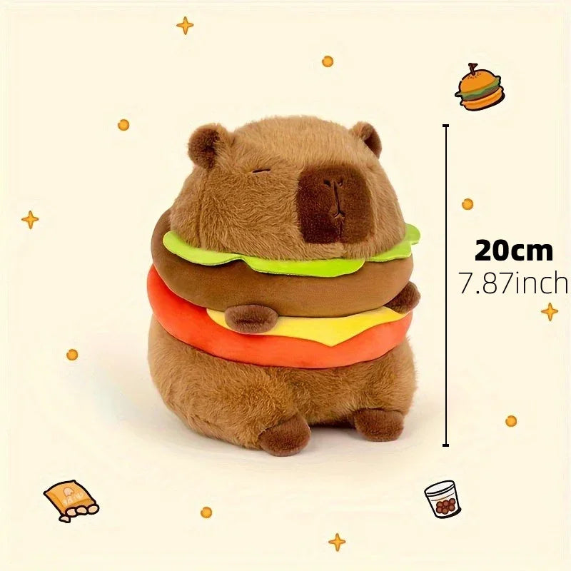A brown capybara plush toy representing a mother with four baby versions, shown next to a measurement scale.