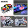 Instructions and components for installing a battery into a track car toy set.