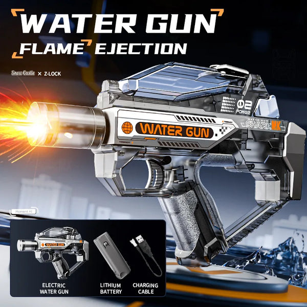 A close-up of a futuristic water gun device with a barrel firing a bright stream, next to its battery and charging cable.
