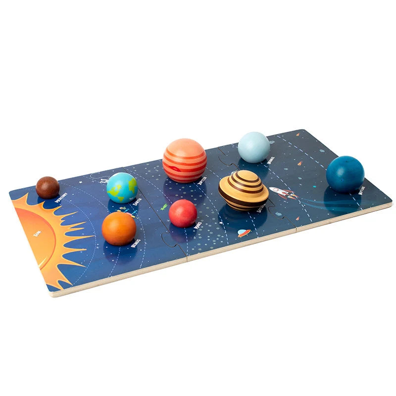 A wooden solar system puzzle featuring eight colorful planets and a sun, designed as an educational toy for kids.