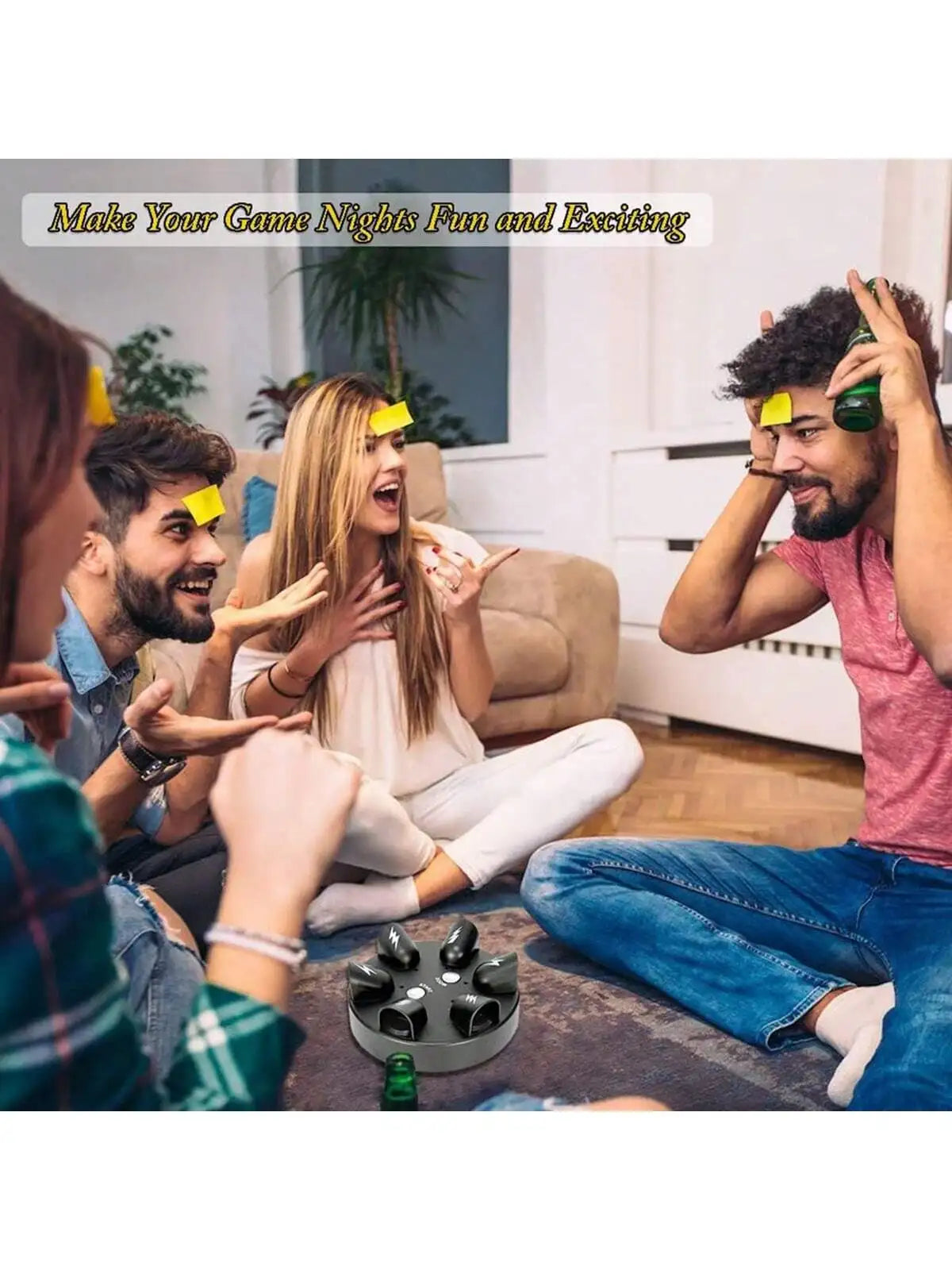 A group of people playing an electric shock party game featuring a six-finger roulette challenge.