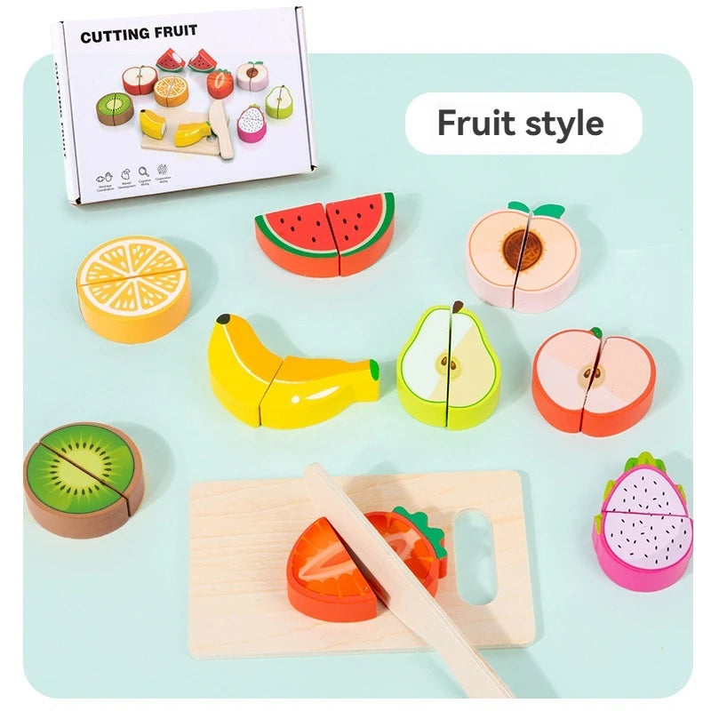 Wooden Pretend Play Kitchen Set with Cutting Fruits and Vegetables